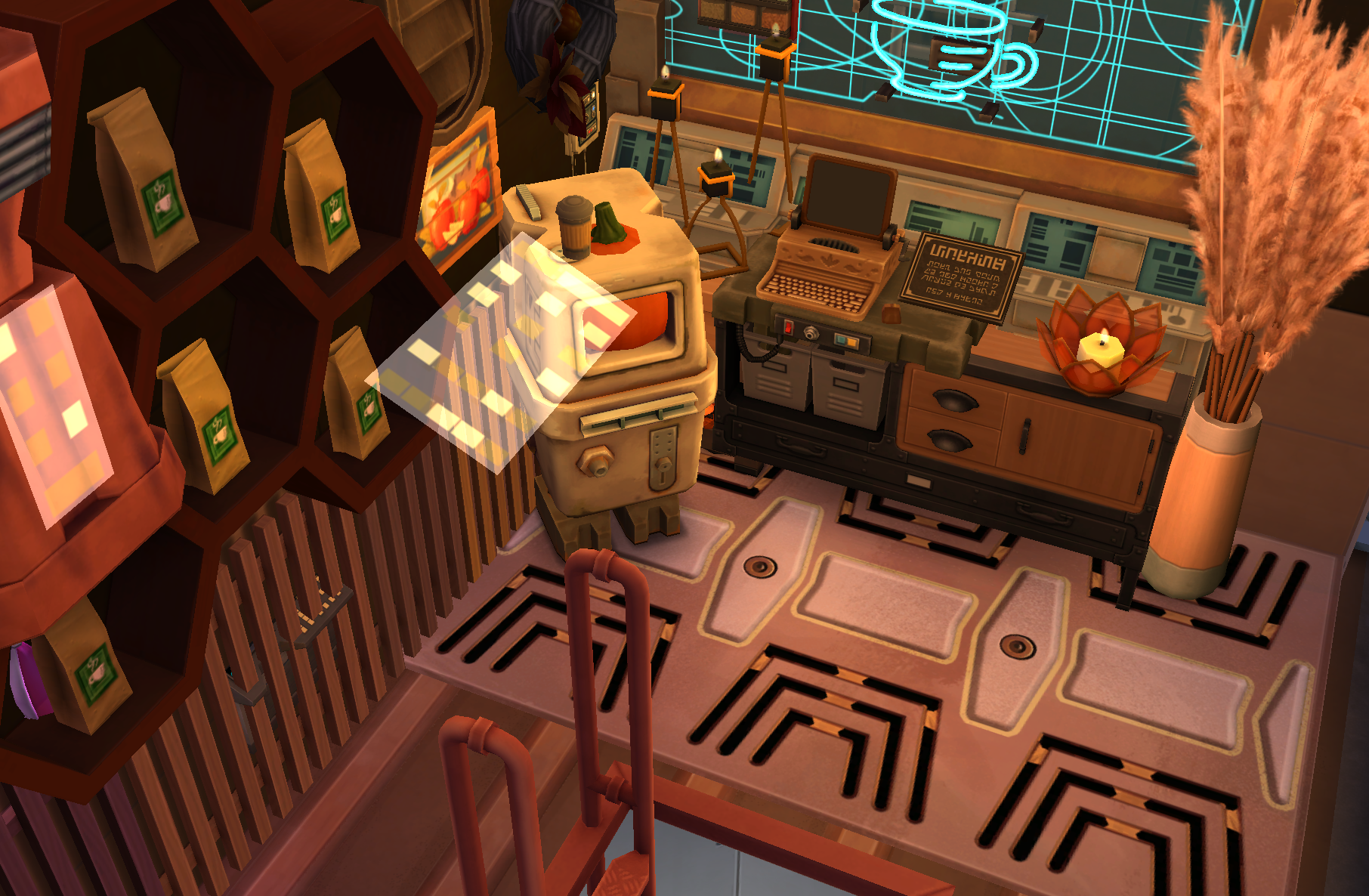 A rendered image from the Vestibule (Room 001) of my Pumpkin Spice Launch Arcology